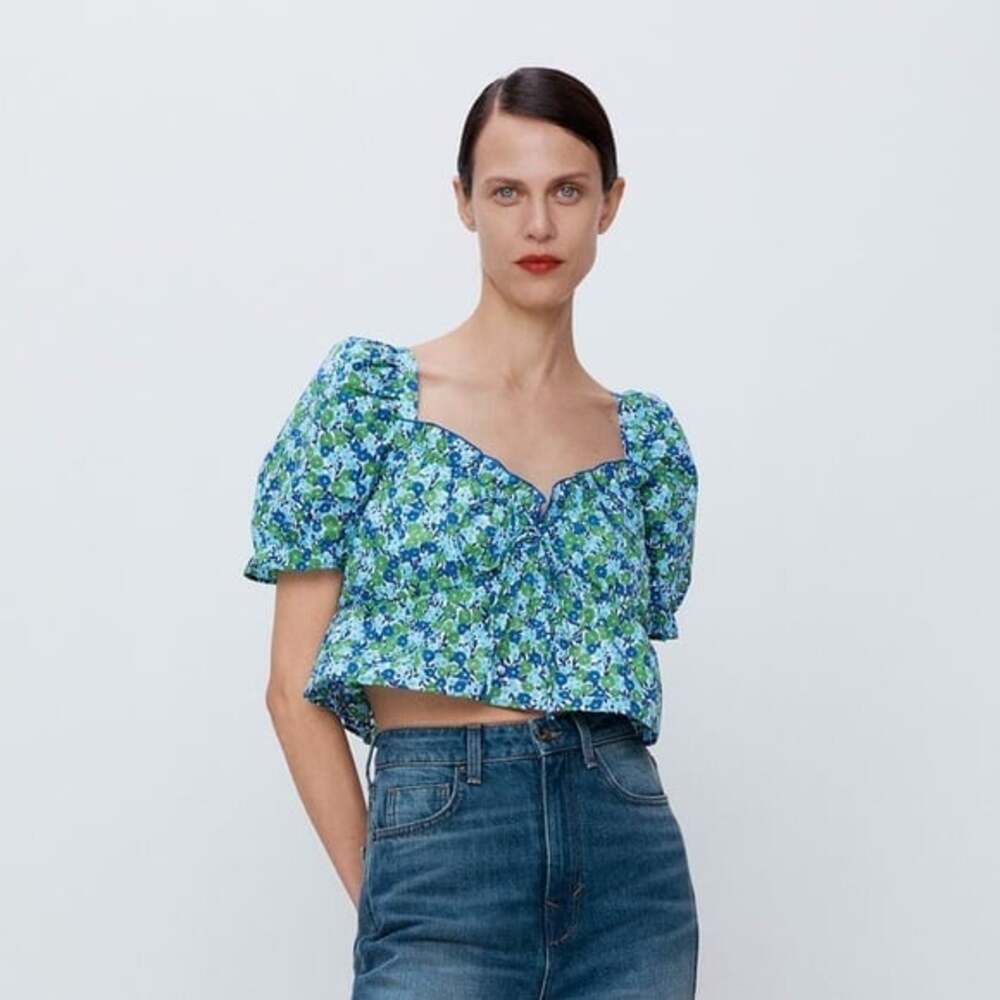 Zara Floral Printed Cropped Puff Sleeve Blouse Size Large Blue Green